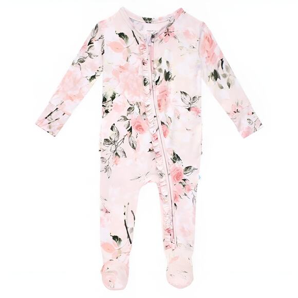 Posh Peanut Baby Girls Bamboo Ruffled Zippered Floral Footie One Piece 3-6M Pink - Picture 1 of 9